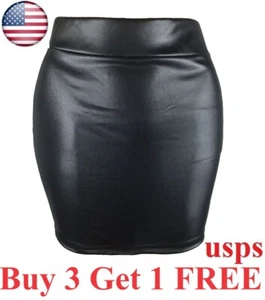 Womens Sexy PU Leather Slit Mini Skirt High Waist Tight Stretch Short Skirts - Picture 1 of 13