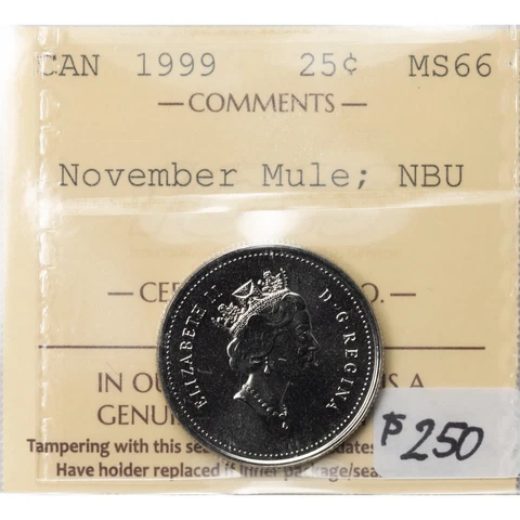 Canada 1999 November Mule 25 Cents Quarter Coin - ICCS MS-66 Cover