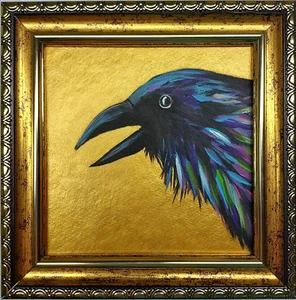 Krähe Gemälde Original Vogel Ölgemälde Rabe Wandbild Goldgemälde gerahmt - Bild 1 von 9
