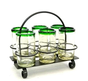 Set of 6, Handmade Green Rimmed Juice Glasses w/Metal Caddy-9.5W x 8.5H - Picture 1 of 4