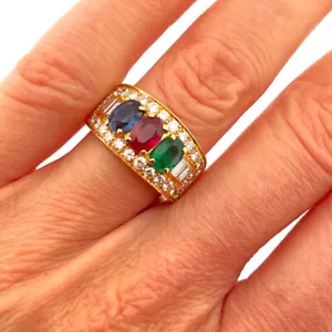 Bvlgari Bulgari Ruby Sapphire Emerald Diamond 1980s Ring 18K Gold Cigar Band - Picture 1 of 11