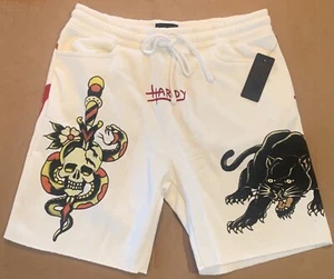 NWT ED HARDY OFF WHITE FLEECE TATTOO SKULL SNAKE PANTHER SWEAT SHORTS SIZE M - Picture 1 of 3