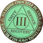 3 Year AA Medallion Reflex Green Glow In The Dark Gold Sobriety Chip Coin 