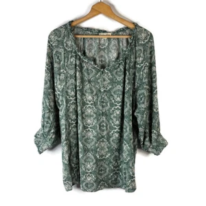 Indigo Rose Womens Blouse Top Size 2X Green Geometric Ruffle V-Neck Smocked Cuff - Picture 1 of 9