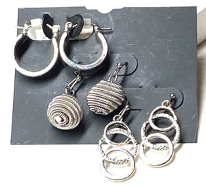 Silver Tone Earring Trio Huggie Hoops Spring Coil  Balls Interlock Circles - Picture 1 of 7