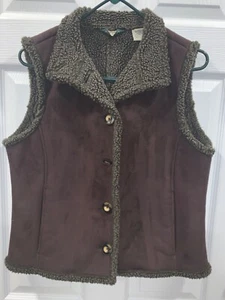 LL Bean Vest Women Brown Faux Suede Sherpa Shearling Lined Vest Petite Small - Picture 1 of 7