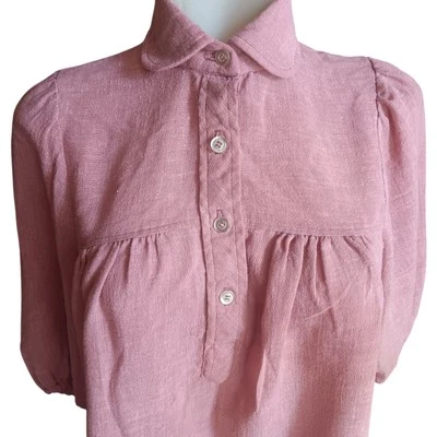 Blusa Campesina Pequeña Vintage Top Años 70 Boho Rosa Lino Mangas Abullonadas Galleta Foto 1 de 4