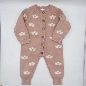 Mameluco tejido floral Jamie Kay bebé niña polvoriento rosa botón delantero preppy 6-12 meses - Imagen 1 de 5