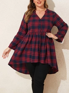 Womens Check Plaid Long Sleeve V Neck Tops Shirt Flare Swing Blouse Oversized - Picture 1 of 9