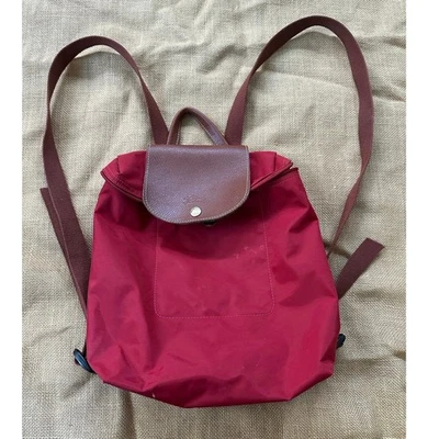 Longchamp Le Pliage Original Backpack Brown Red Nylon Leather Travel Bag Logo - Image 1 of 4
