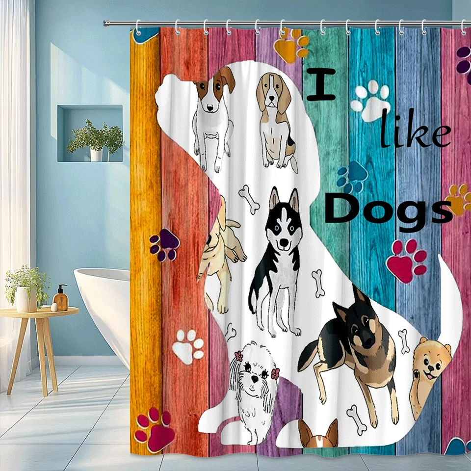 Divertida cortina de ducha silueta de perro con estampados de patas y adorables diseños de mascotas Foto 1 de 4