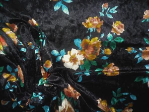 Printed Stretch Velvet Spandex Fabric Apparel Black Gold Brown Aqua Floral G403 - Picture 1 of 1