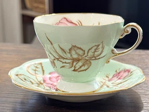 Vintage Foley Bone China Teacup & Saucer Set Pink Roses Mint Green Pattern 2255 - Picture 1 of 5