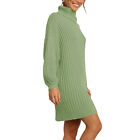 Sweater Dresses High Collar Lantern Sleeves Pullover Dress (Pea Green M) ZZ1