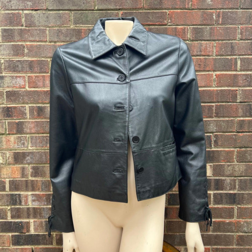 Together womens black button up Leather Jacket w/ lace up quater sleeve size 10
