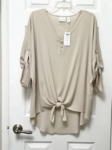 NWT Chico's Size 3 XL 16-18 Putty Beige V Neck Tie Front 3/4 Tab Sleeve Top $79 - Picture 1 of 11