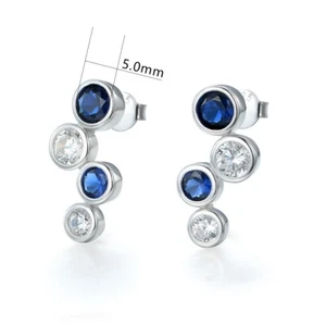 Ladies Sterling 925 Silver Blue And White Sapphire Bubble Design Stud Earrings - Picture 1 of 6