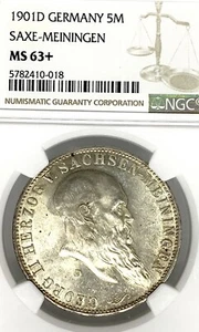 Germany Saxe-Meiningen 1901 D 5 Mark Coin Thaler Taler NGC MS 63+ F.STG/STG UNC - Picture 1 of 3