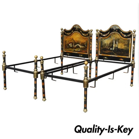 Pair of 19th Century Hand Painted Mother of Pearl Inlay Single Twin Bed Frames Cover