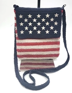 Carlos D' Santi American Flag Crochet Style Crossbody Bag Purse RED WHITE BLUE - Picture 1 of 20