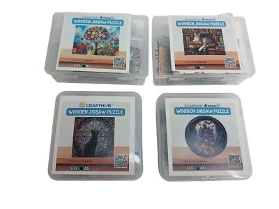 Crafthub Puzzle Lot of 4 Wooden Jigsaw A5 Halloween Library Cat Stained Glass - Image 1 of 4