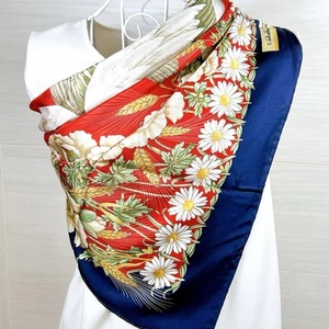 Salvatore Ferragamo Silk Scarf Bird & Flower Print Square 34" Blue Red Excellent - Picture 1 of 23