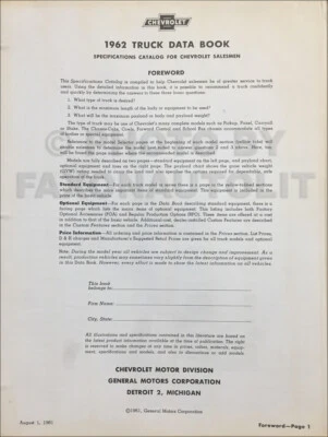 Libro de datos de camioneta Chevy 1962 álbum concesionario opciones Chevrolet especificaciones OEM Foto 1 de 2