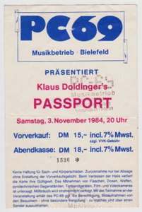 PASSPORT - KLAUS DOLDINGER - 1984 - Eintrittskarte - Ticket - Bielefeld - Bild 1 von 1