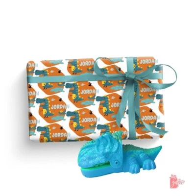 Personalized Gift Wrapping Paper w/ Name Cute T-Rex Large Gift Wrapping Paper - Image 1 of 4