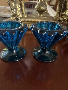 Vintage Viking Glass Bluenique Turquoise Blue Ribbed Epic Candle Holder Set Of 2 - Picture 1 of 7