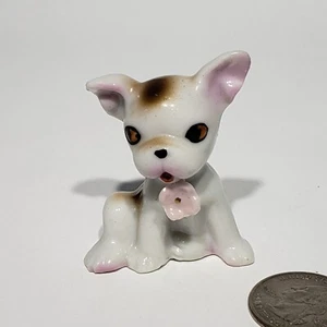 VTG 2" Porcelain White and Brown Dog Puppy Figurine Pink Flower at Neck Japan - Picture 1 of 10
