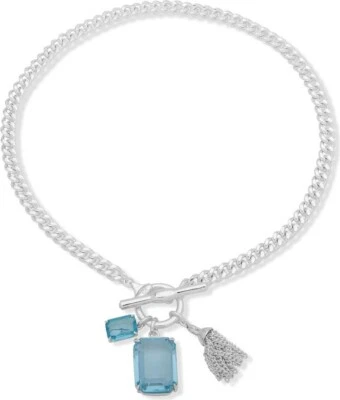 NEW RALPH LAUREN SILVER TONE 18" CHAIN CHARM,TASSEL,BLUE CRYSTAL PENDAN NECKLACE - Image 1 of 3