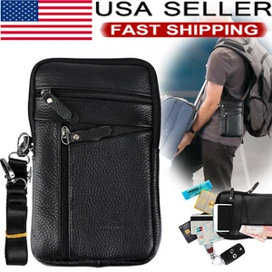 Leather Men Cell Phone Loop Belt Bag Waist Holster Pack Shoulder Pouch Crossbody - Picture 1 of 12