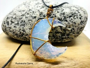 OPAL STONE OPALITE MOON SHAPE COPPER WIRE PENDANT POWERFUL ENERGY RARE NECKLACE - Picture 1 of 4