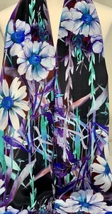 Bufanda de seda 100% morera crepe ~ azul floral blanco púrpura verde negro ~ 65x200 cm - Imagen 1 de 9