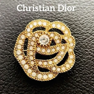 Vintage Christian Dior Rose Flower Signed Gold Tone Rhinestone Brooch Pin - Picture 1 of 24