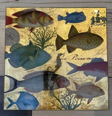 "Bandeja de vidrio Michel Design Works 10,75"" Les Poissons pez fondo dorado - en muy buena condición" Foto 1 de 4