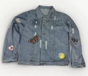 Denim Jean Jacket Girls XL Distressed Patches Feminist GRL PWR Free Spirit Weird - Picture 1 of 16