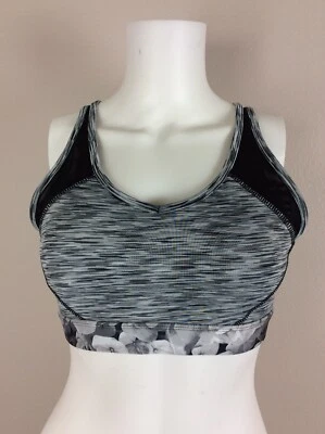 AVIA Black Gray Floral Mesh Padded Strappy Back Sports Bra Medium M Tight Fit - Image 1 of 4