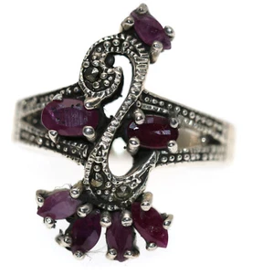 anello argento 925 con cigno radice rubino marcasite misura 17 etnico donna - Foto 1 di 5