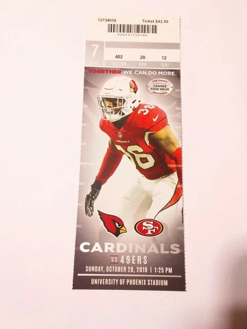 2018 Arizona Cardinals San Francisco 49ers NFL Football Full Ticket Stub Cover
