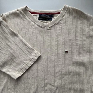Tommy Hilfiger V Neck Ribbed Mens XL Ivory Cream Short Sleeve Casual Shirt Y2K - Picture 1 of 5