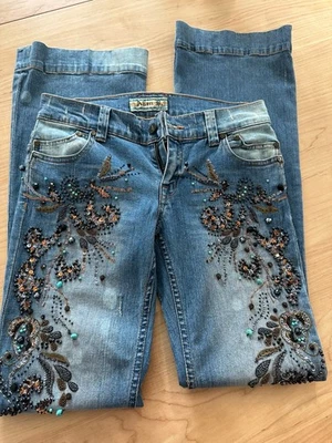 Allen B. Women's Vtg Embellished Jeans Wide Leg Size 28 Bejeweled Turquoise - Image 1 of 4