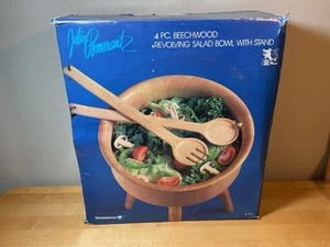 Vintage Julie Pomerantz 4pc Beechwood Revolving Salad Bowl Stand Serving Set - Picture 1 of 13