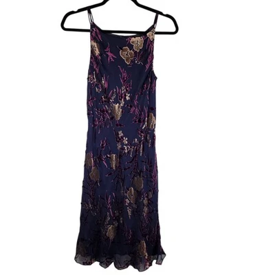 VTG Jones New York Womens Silk Velvet Burnout Dress 8 Fairy Y2K 90s Blue Floral  - Image 1 of 4