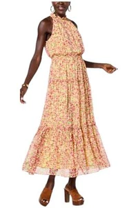 Nina Women's Leonard Printed Chiffon Dress Smocked Detail Lemon Multi - Picture 1 of 1