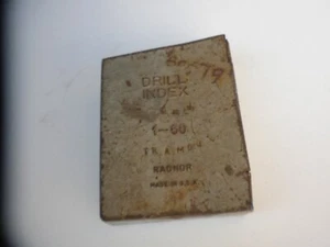 VINTAGE DRIL INDEX RADNOR METAL BOX w/ ASSORTED DRILL BITS has ware see all pics - Bild 1 von 6