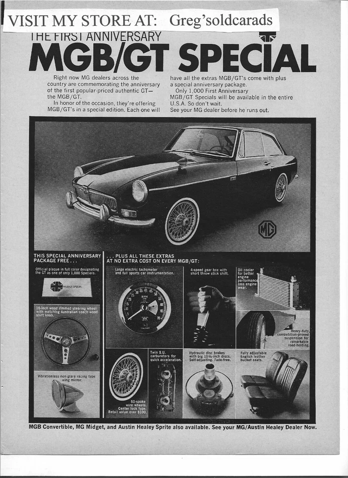 Anuncio impreso original 1967 MG MGB GT vintage: "Especial primer aniversario". Foto 1 de 1