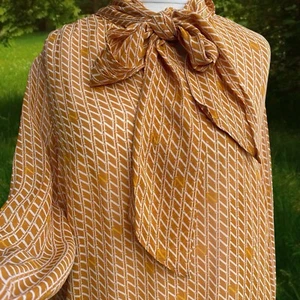 Next Golden Geo Print Sheer Silky Pussy Bow Blouse Size 16 Governess Secretary - Picture 1 of 3