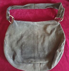 Beautiful khaki soft genuine suede shoulder/hand bag, zip, brass,D x13", W x15" 